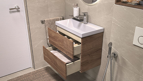 Тумба-умывальник подвесная Velvex Mondi 600-0-2, акация темная, с раковиной Classica Slim 60 купить в СОМ