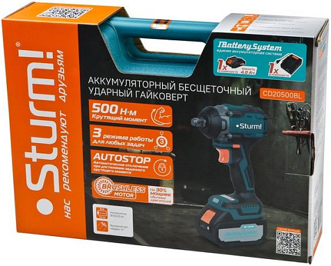 Гайковерт ударный Sturm CD20500BL 1BatterySystem, 18В, Li-ion, АКБ 1х4.0А/ч, 500Нм, бесщеточный купить в СОМ